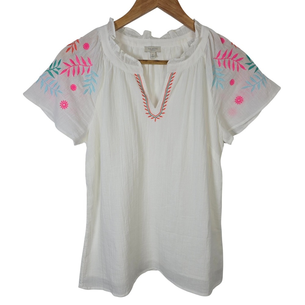 Talbots‎ Petite P White Cotton Embroidered Boho Split Neck Ruffle Blouse Top